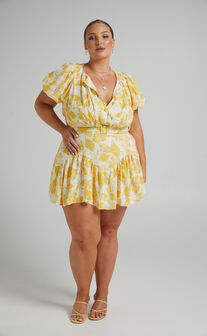 Lindie Mini Dress with Short Balloon Sleeves and Belt in Yellow Floral