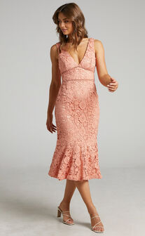 Acey Midi Fit and Flare Lace Dress in Peach Lace