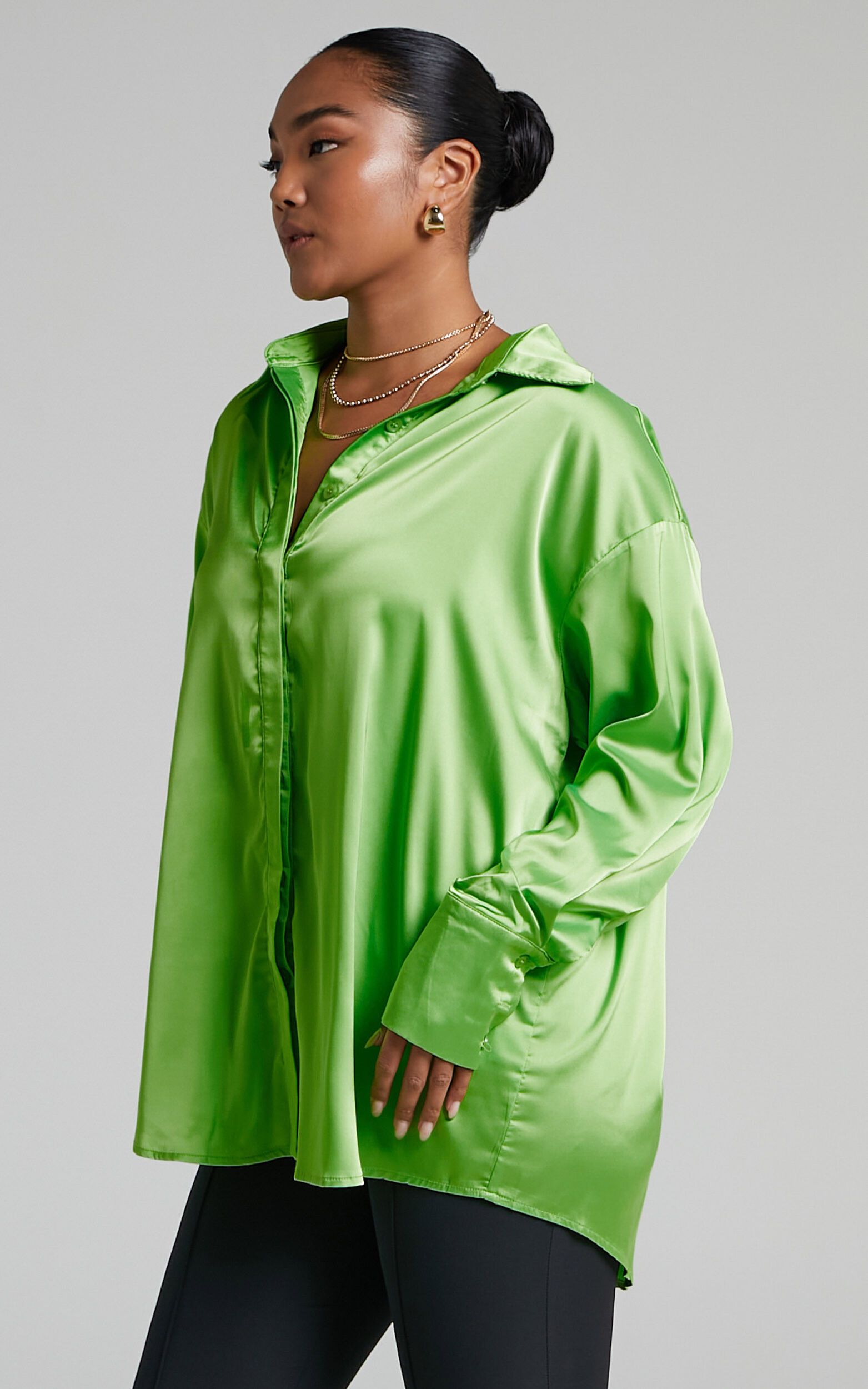 Matheresa Shirt - Oversized Button Up Satin Shirt in Lime | Showpo