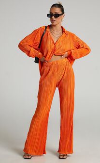 Beca Pants - High Waisted Plisse Flared Pants in Bright Orange