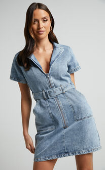 Melaina Denim Mini Dress - Collared Zip Front Belted in Mid Blue Wash