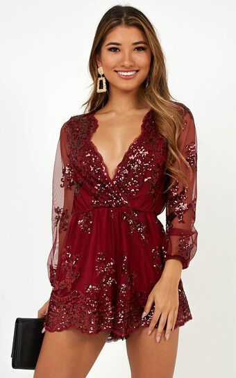 What Comes Around Playsuit in Wine Sequin