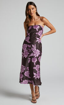 Charlita Midi Dress - Strapless Cowl Back Dress in Purple Floral