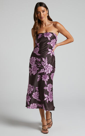 Charlita Midi Dress - Strapless Cowl Back Dress in Purple Floral