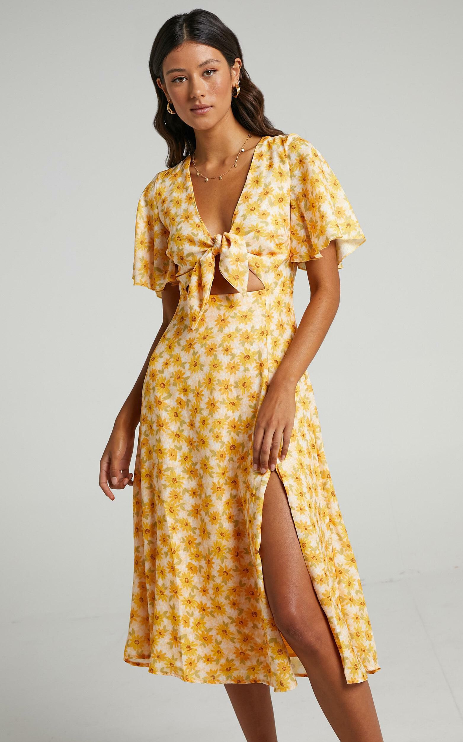 Wild And Free Mind Midi Dress - Front Tie Cut Out Dress in Sunflower Print - 04, YEL1