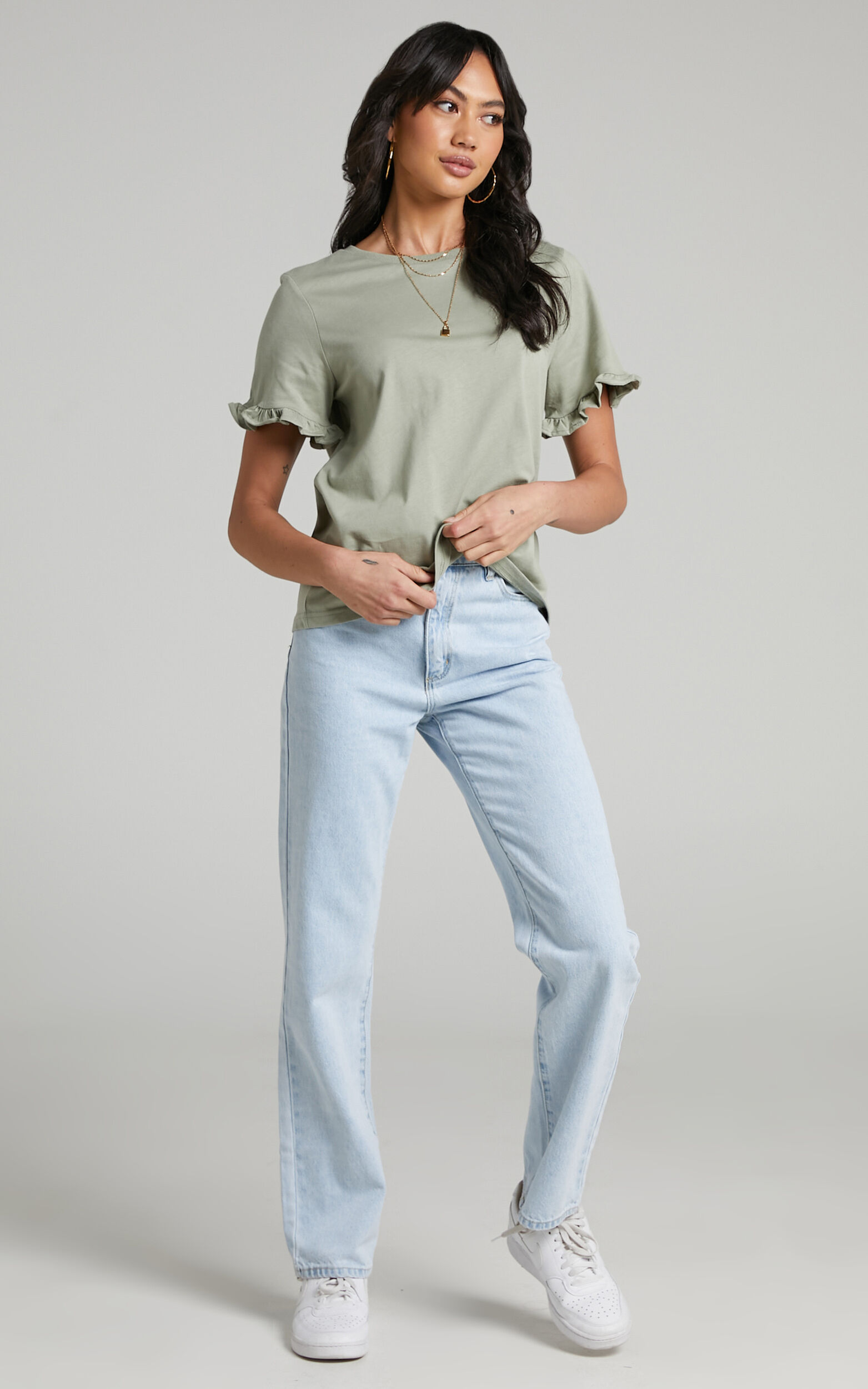 Closer To Home Ruffle Sleeve Tee in Sage - 04, GRN1, super-hi-res image number null