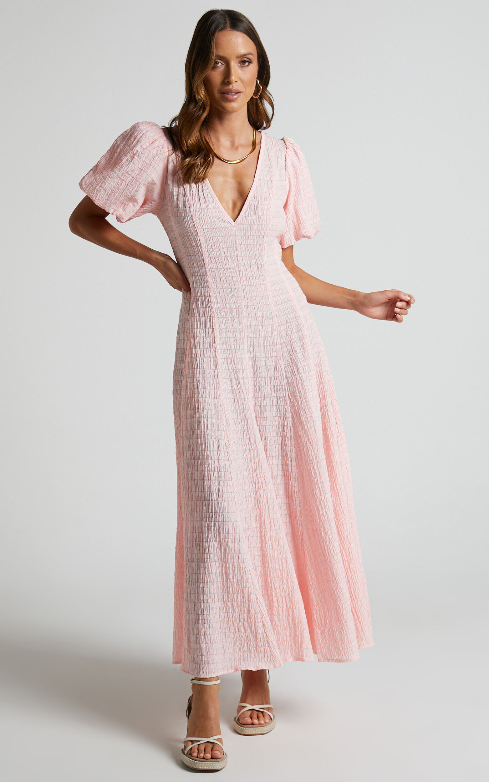 Jackelyn Puff Sleeve V Neck Midi Dress in Pink - 06, PNK1, super-hi-res image number null