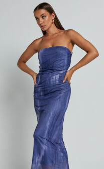 Frelynn Midi Dress - Strapless Ruched Slip Dress in Blue
