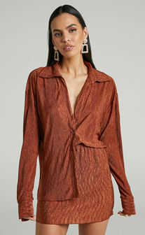 Rosamund Relaxed Button Up Crinkle Shirt in Clay