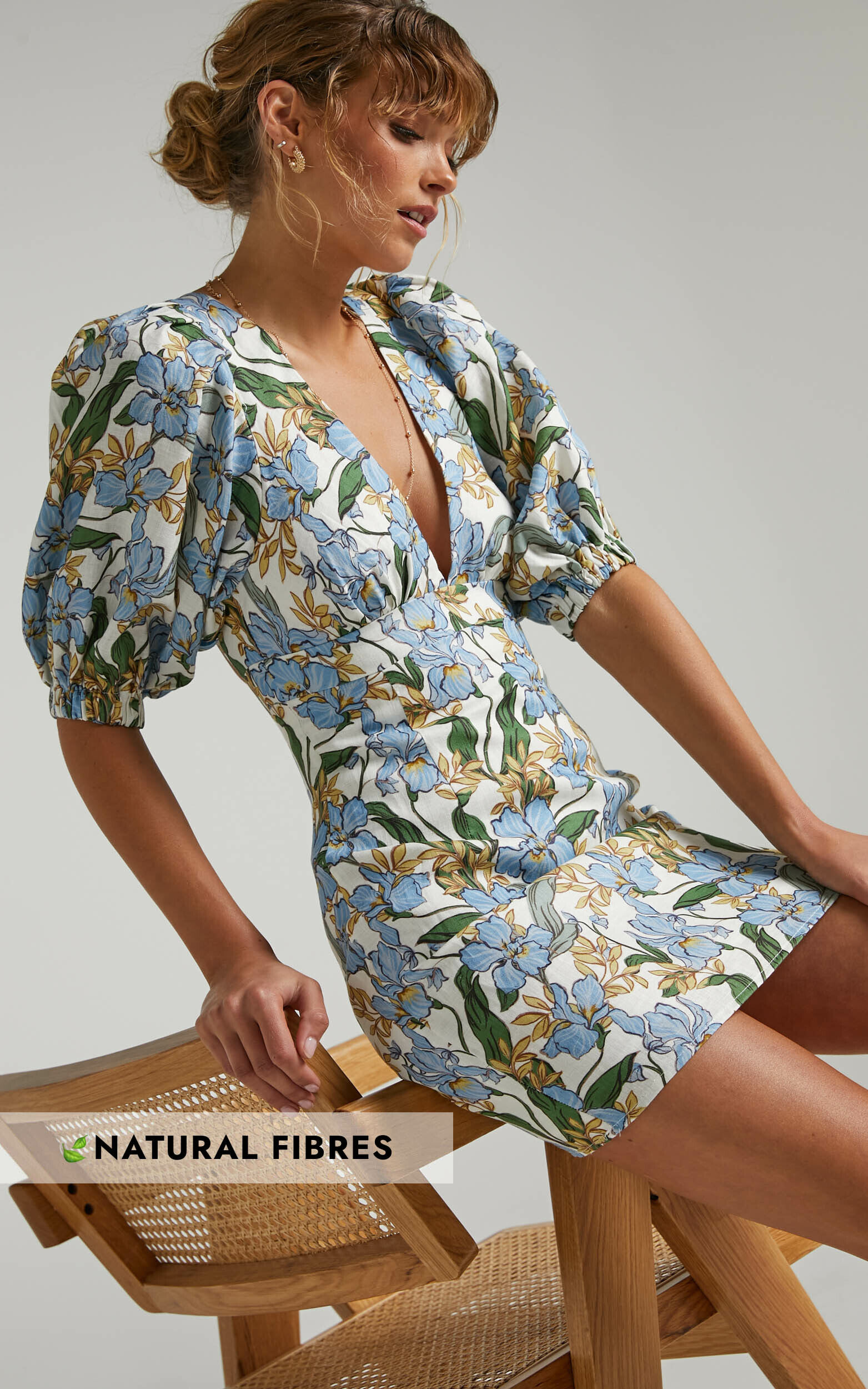 Amalie The Label - Indrisia Linen Puff Sleeve Open Back Bodycon Mini Dress in Iris Floral - 04, MLT2, super-hi-res image number null