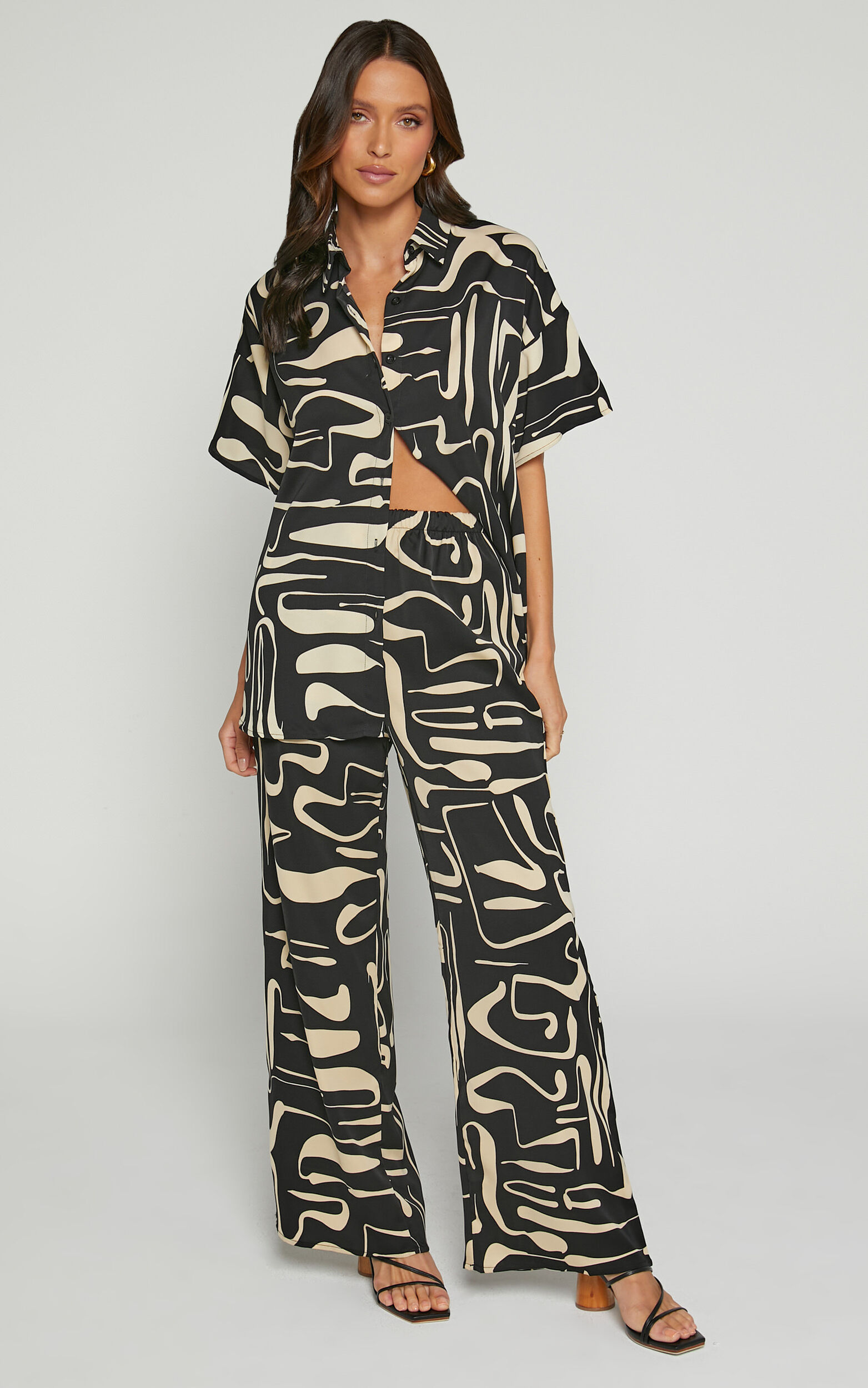 Karla Two Piece Set - Button Up Shirt and Wide Leg Pants Set in Black & Sand Print - XS, BLK1