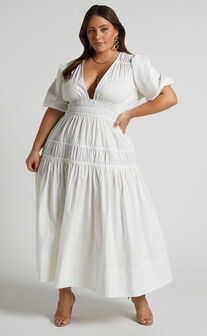 Mellie Midaxi Dress - Puff Sleeve Plunge Tiered Dress in White