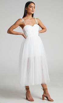 Aisha Bustier Bodice Tulle Midi Dress in White