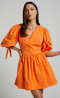 Zandra Puff Sleeve Poplin Mini Dress in Orange