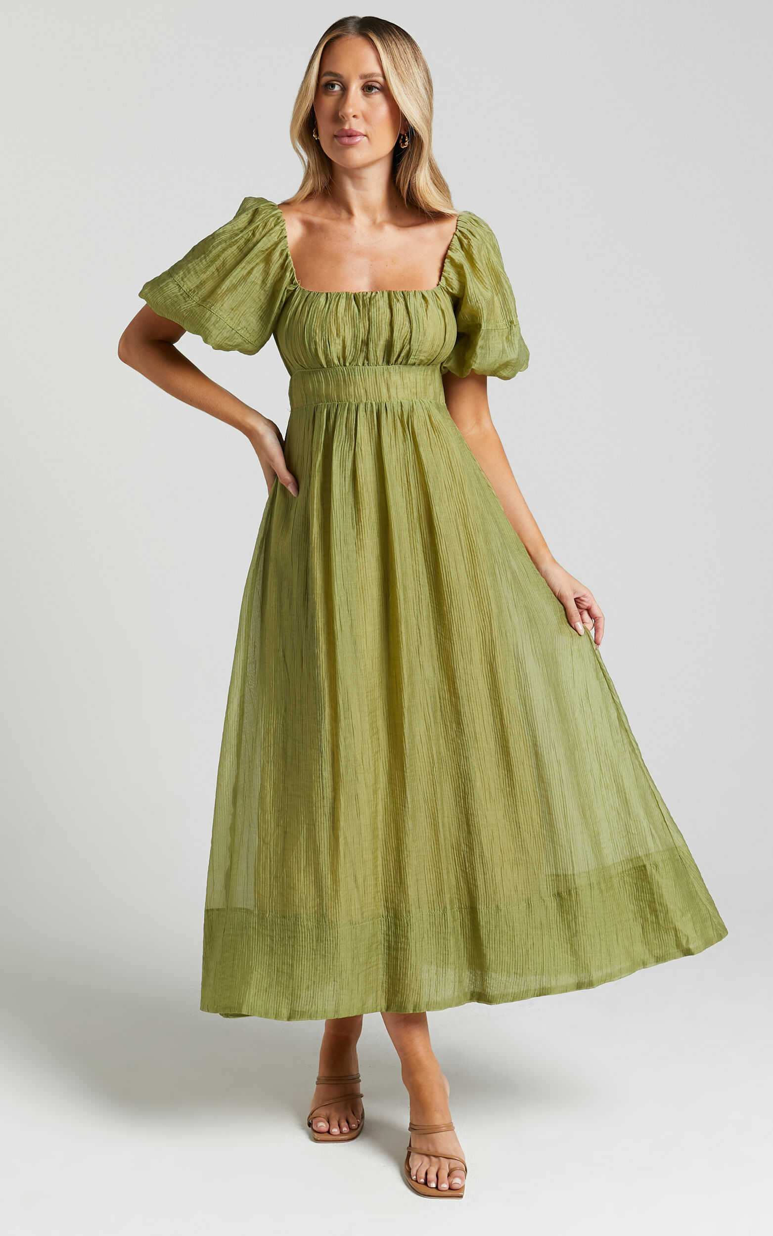 Roshina Midi Dress - Straight Neck Puff Sleeve Dress in Olive - 06, GRN1