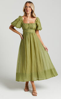 Roshina Midi Dress - Straight Neck Puff Sleeve Dress in Olive