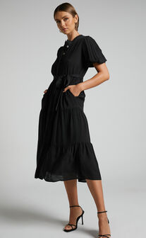 Lenessia Midi Dress - Puff Sleeve Collared Smock Dress in Black