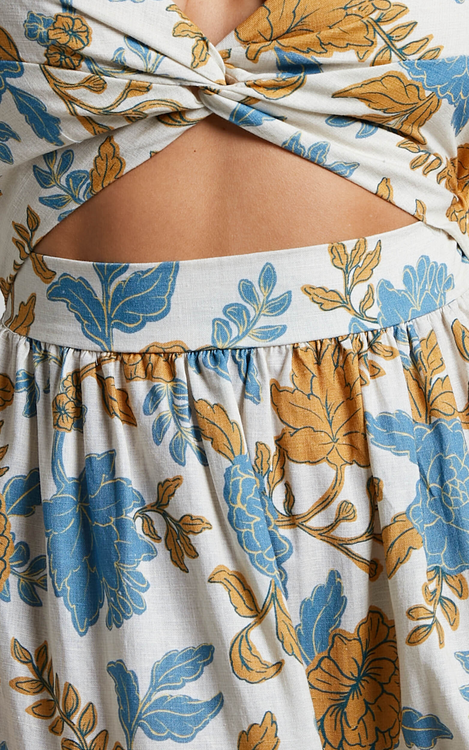 Twist Showpo Floral in Back Linen The Blend Emerita | Amalie USA Label Front Sweetheart Tie - Dress Valencia Midi