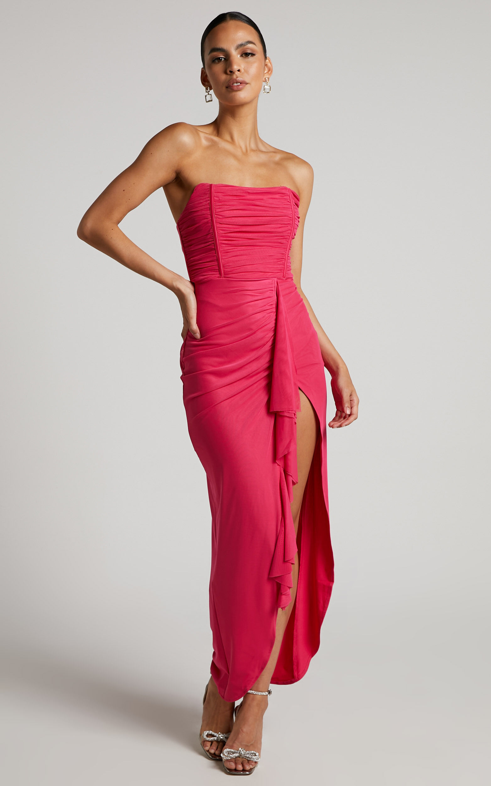 Nora Midaxi Dress - Corset Detailing Dress in Hot Pink - 04, PNK1