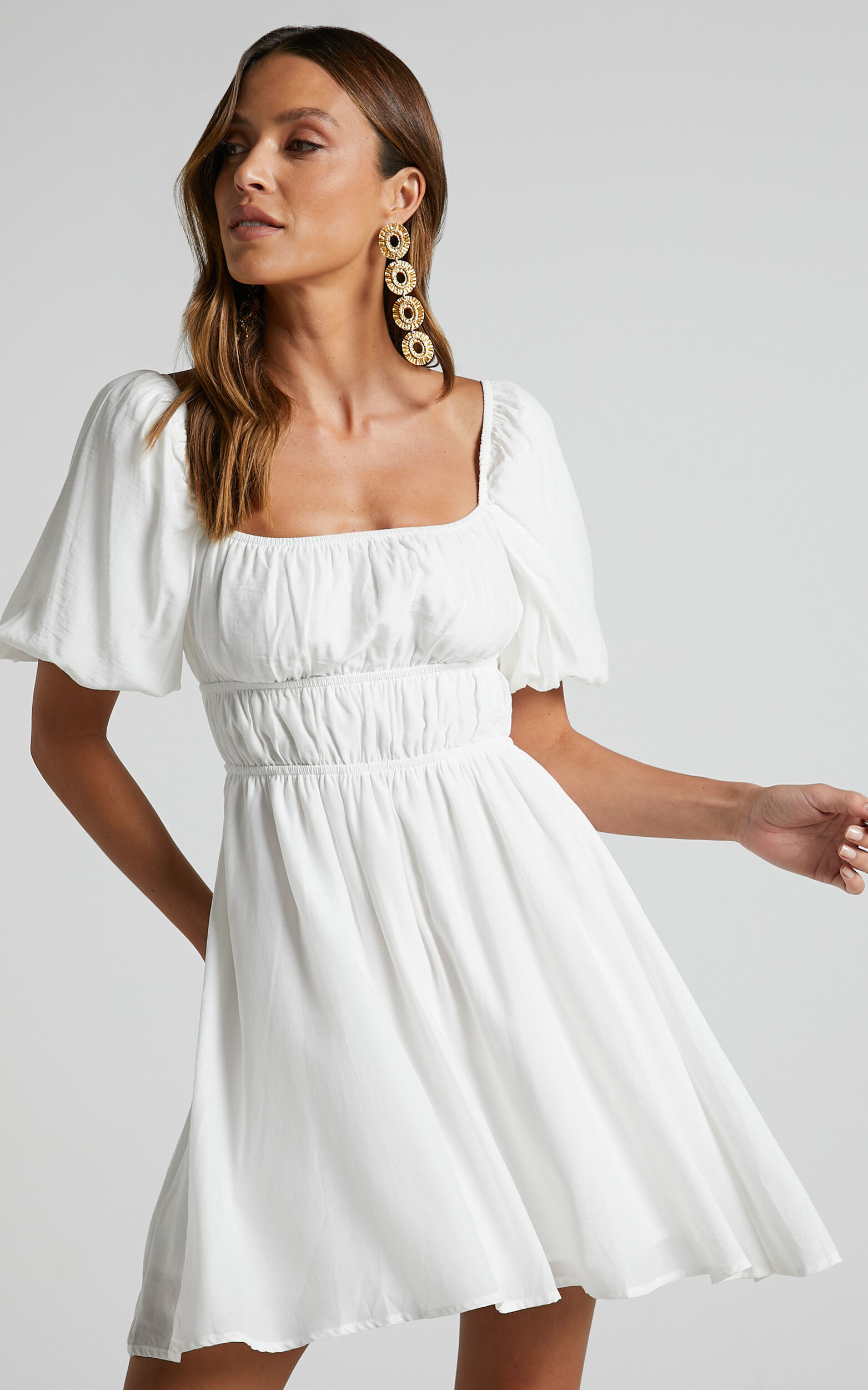 Maretta Mini Dress - Stretch Waist Square Neck Dress in White - 04, WHT1