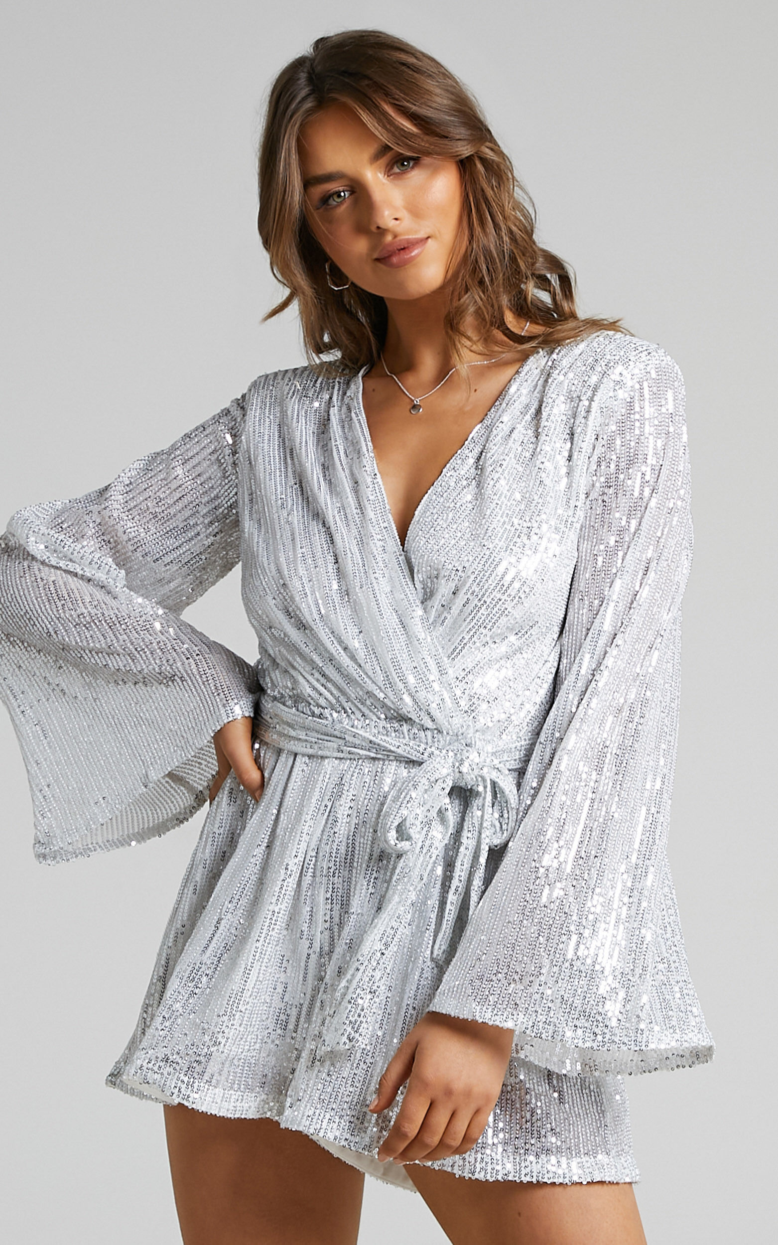 Lizzell Sequin Wrap Playsuit in Silver Sequin - 04, SLV2, super-hi-res image number null