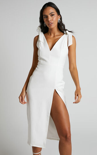 Jayedy Midi Dress - Thigh Split Tie Shoulder V Neck Dress in White