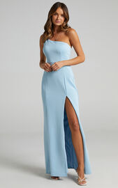 No Ones Fault Midi Dress - One Shoulder Thigh Split Dress in Light Blue ...