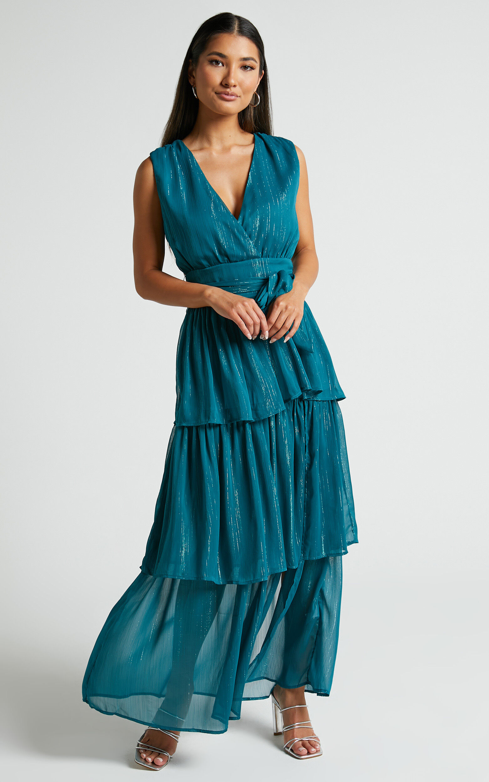 Alana Midaxi Dress - Short Sleeve Plunge Aline Dress in Emerald - 04, GRN1