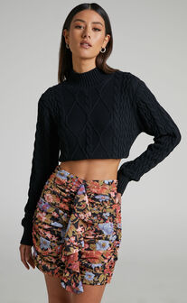 Henny Ruched Ruffle Drape Mini Skirt in Dusk Floral