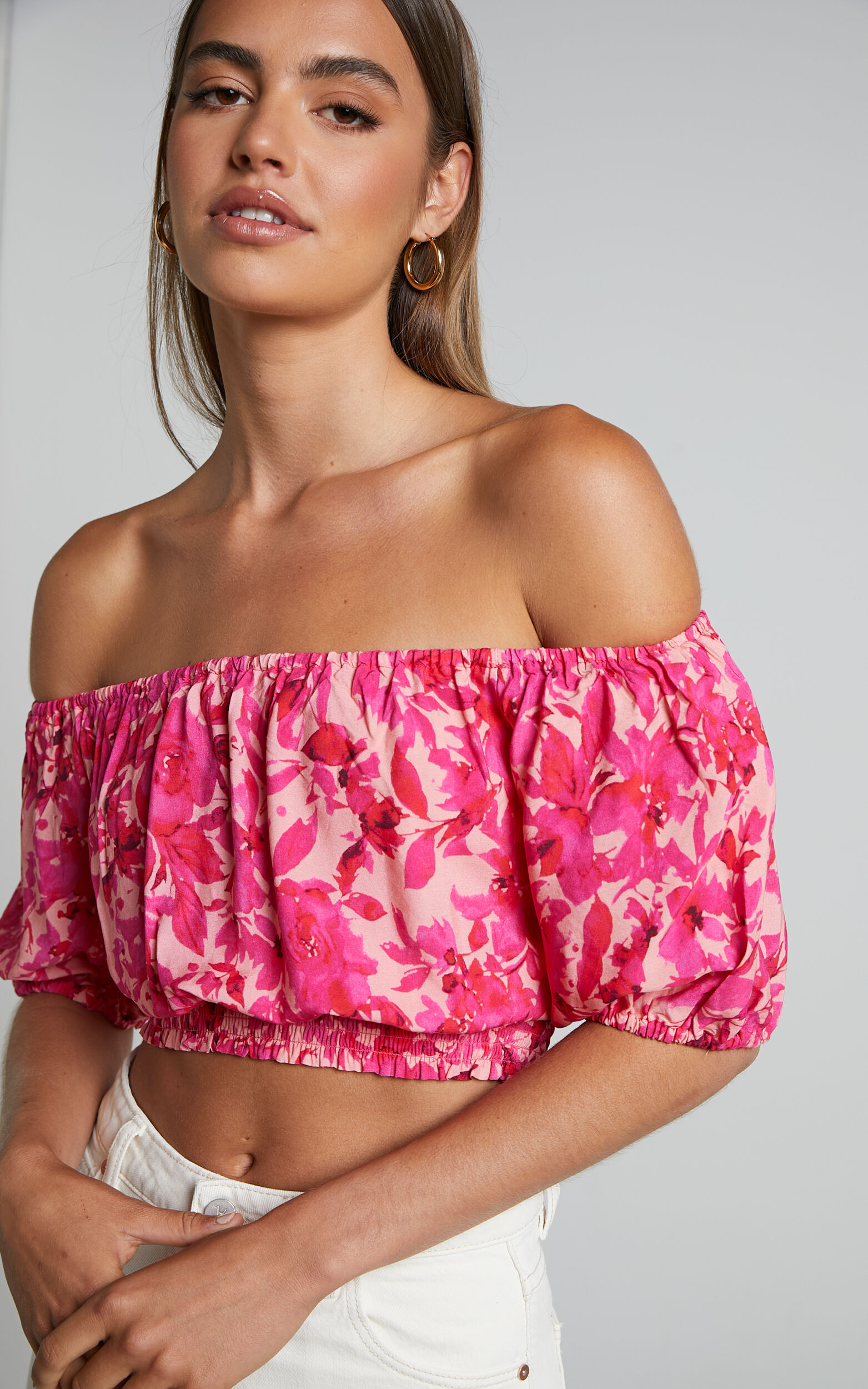 Lydia Top - Off Shoulder Puff Sleeve Shirred Top in Pink Floral - 06, PNK1, super-hi-res image number null