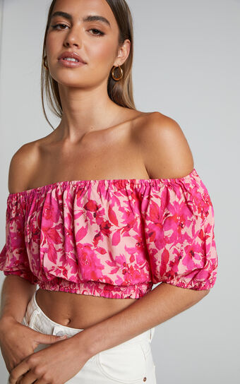 Women's Off the Shoulder Pink Floral Crop Top - Sexy Mama