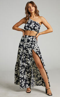 Meghan One Shoulder Two Piece Set with Maxi Skirt in Black Floral