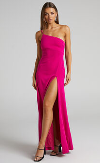 Magnaye One Shoulder Thigh Split Maxi Dress in Pink Stretch Crepe