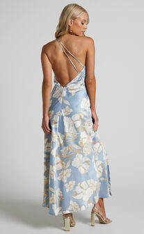 Surene Midi Dress - One Shoulder Side Ruched Split Satin Dress in Blue Floral