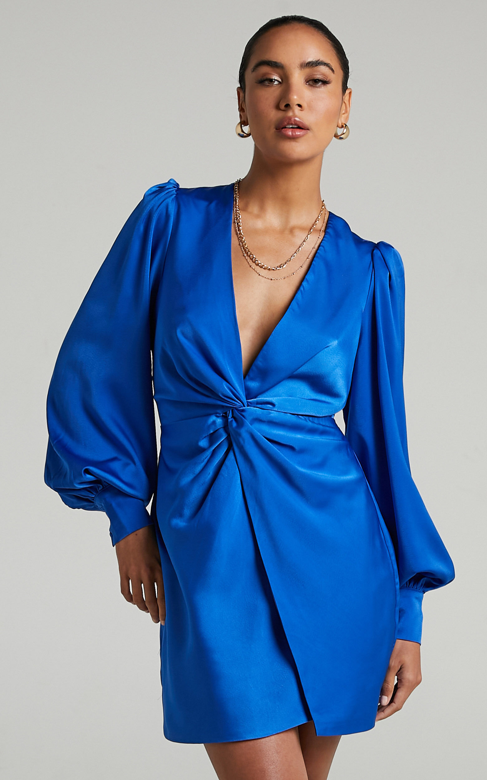 Billie Mini Dress - Twist Front Long Puff Sleeves Dress in Cobalt ...