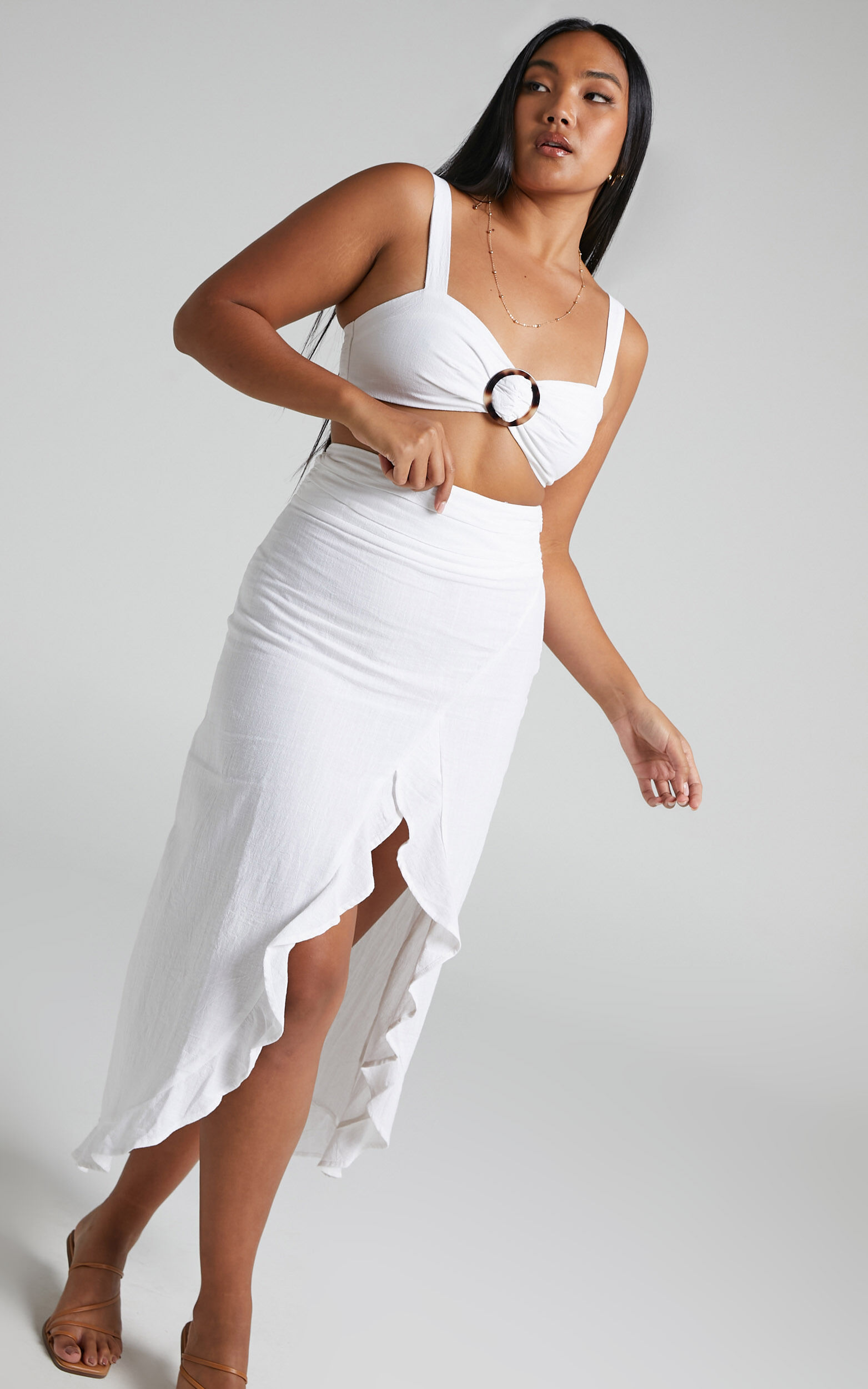 Vanika crop top and ruffle midi skirt two piece set in White - 06, WHT1, super-hi-res image number null