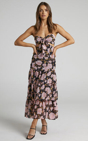 Cherrie Halter Neck Cut Out Tiered Midi Dress in Romantic Floral