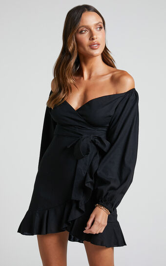 Can't Move On Mini Dress - Off Shoulder Dress in Black Linen Look