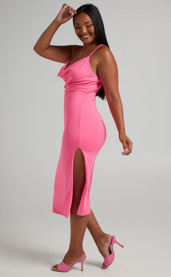 Amalee Cowl Neck Slinky Midi Dress in Pink