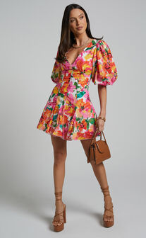 Shairah Mini Dress - V Neck Puff Sleeve Flutter Hem Dress in In Bloom