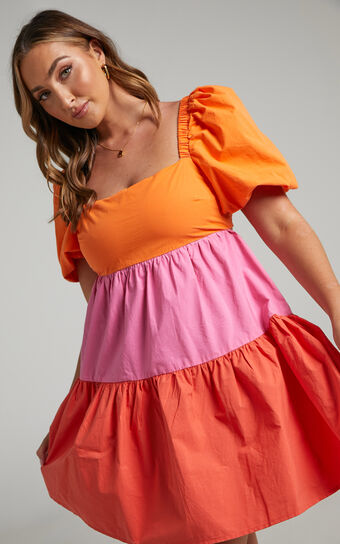 Misbelle Colour Block Tiered Mini Dress in Multi