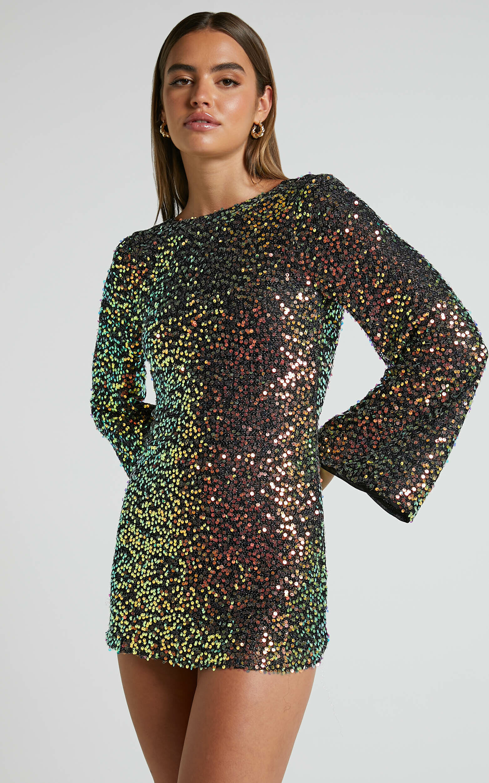 Victoria Mini Dress - Flare Sleeve Open Back Dress in Rainbow Sequin - L, BLK1, super-hi-res image number null