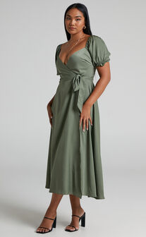 Cressida Puff Sleeve Wrap Midi Dress in Olive