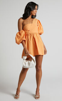 Sula Mini Dress - Asymmetric Off One Shoulder Puff Sleeve Dress in Sherbet Orange