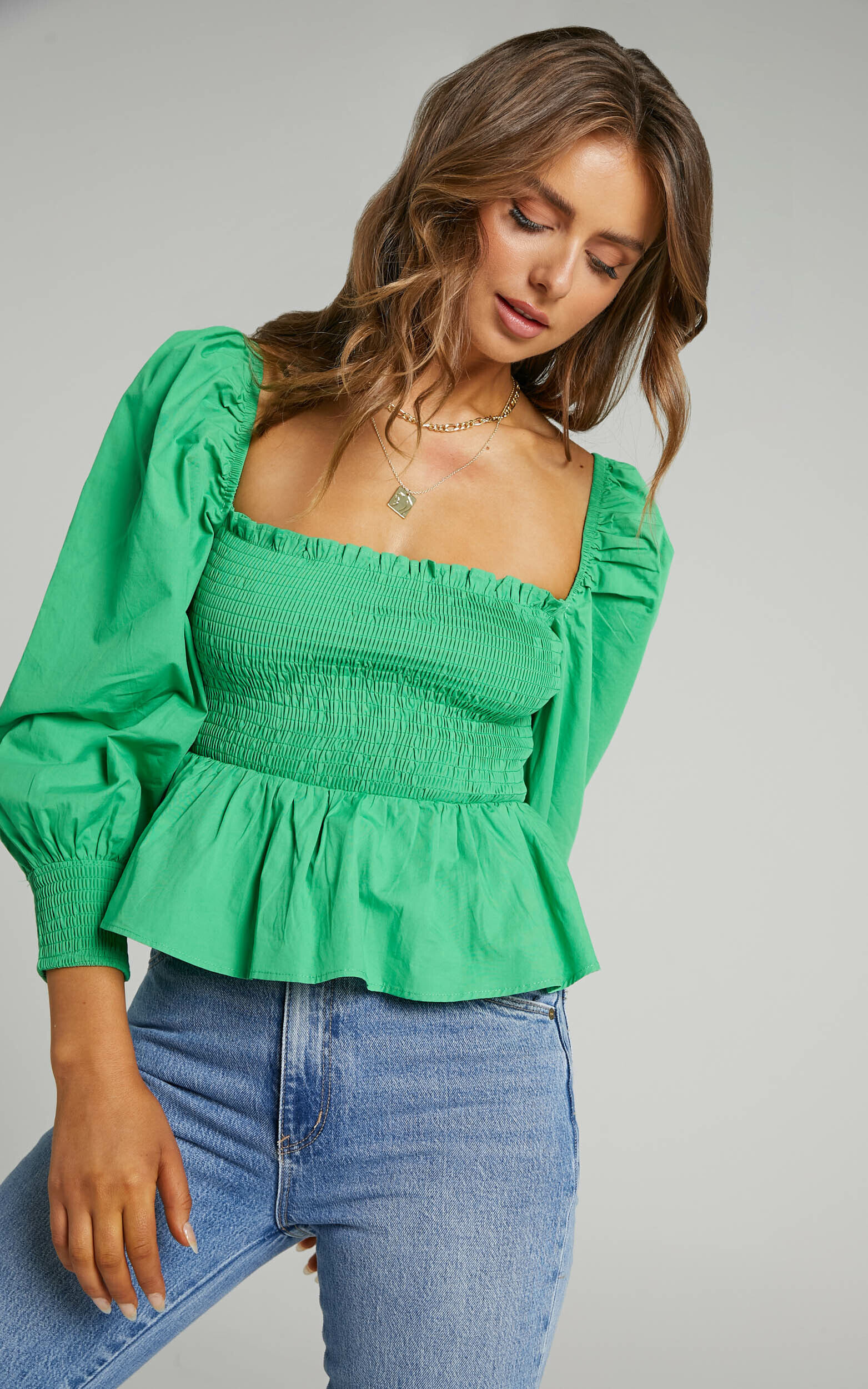 Vera Puff Sleeve Top in Green - 06, GRN2, super-hi-res image number null