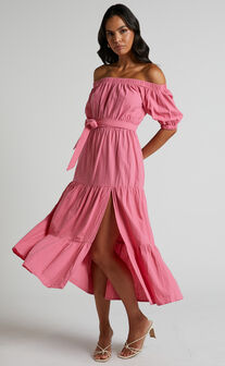 Leora Off Shoulder Tiered Maxi Dress in Pink