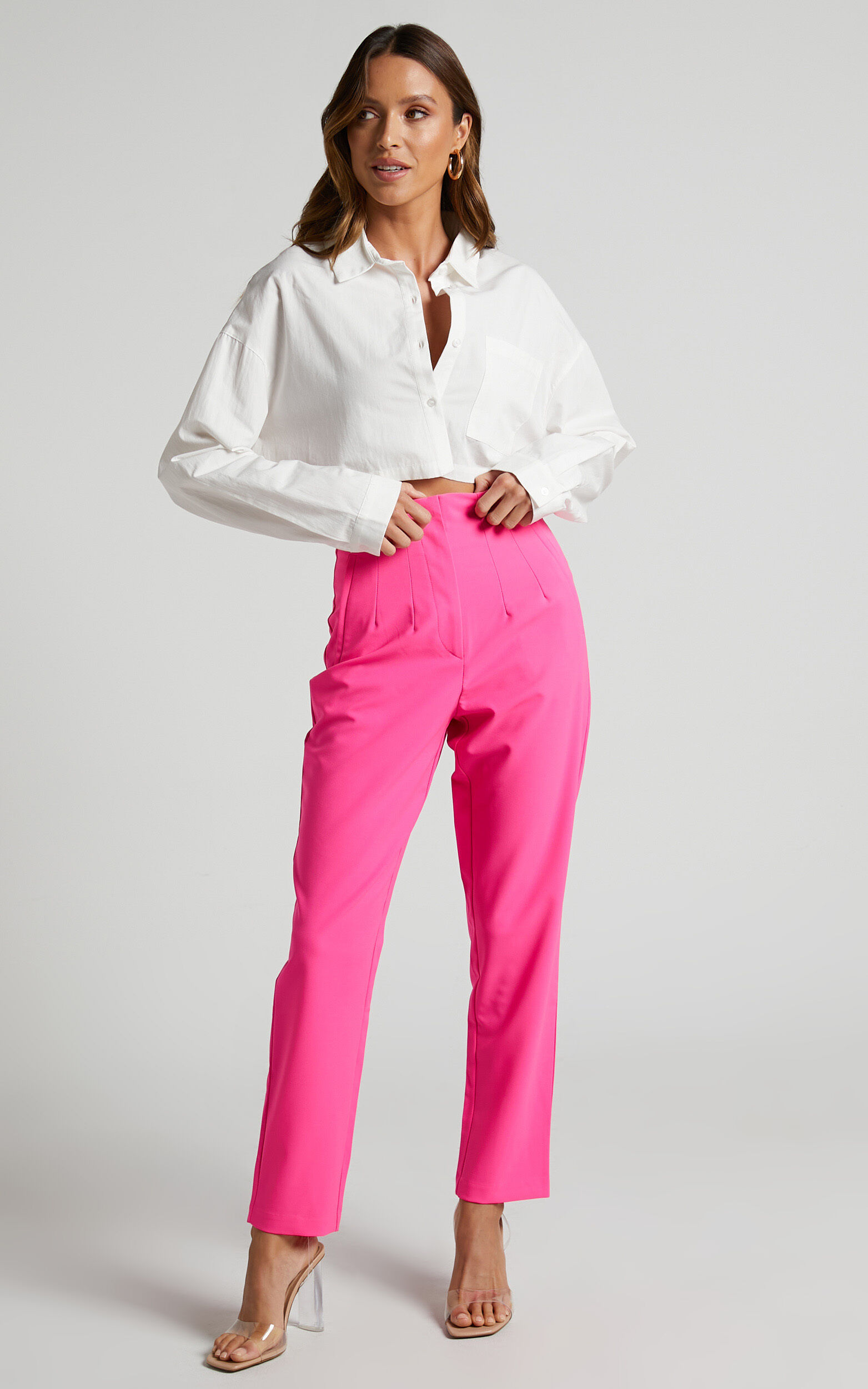 Abril Trousers - High Waisted Cropped Trousers in Hot Pink - 04, PNK1
