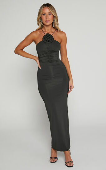 Teagan Midaxi Dress - Bodycon Ruched Asymmetric Strap Rosette Dress in Black