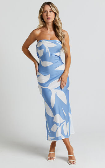 Madelyn Midi Dress - Strapless Palm Print Satin Dress in Blue / White Leaf Motif