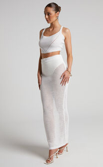 Aveda Two Piece Set - Crochet Lace Up Back Crop Top and Maxi Skirt in White
